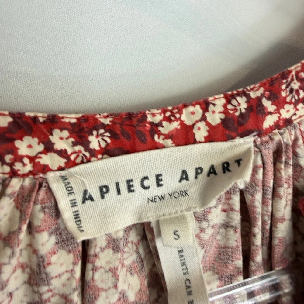 Apiece Apart Mitte Blouse Women S Red Floral Organic Cotton Puff Sleeve Top - Picture 4 of 11